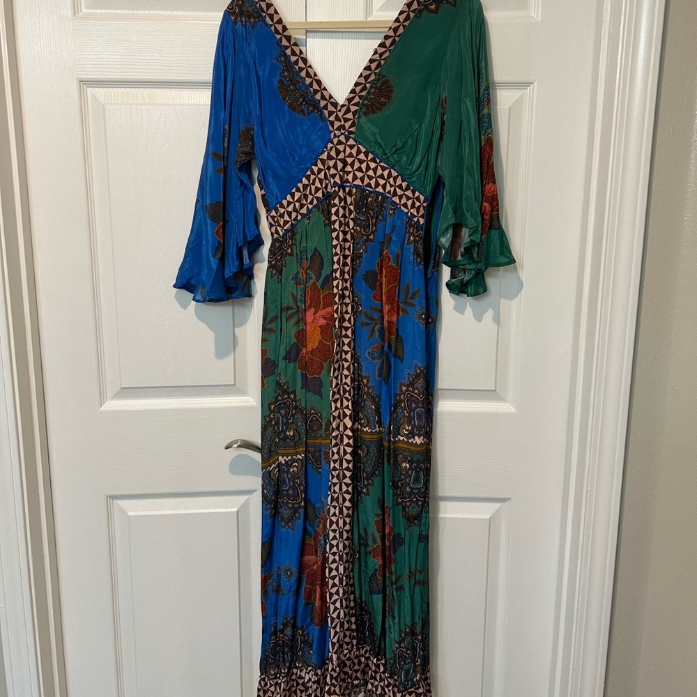 Bohemian Floral V-Neck Maxi Dress in Blue & Green